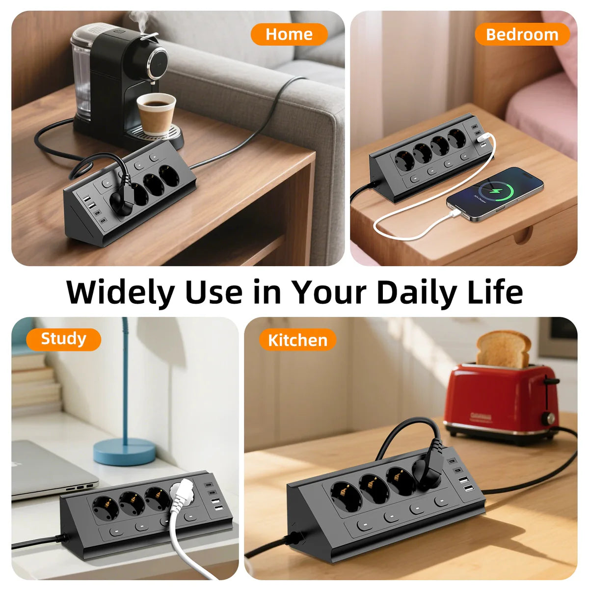 Multiprise d'Angles de Bureau avec Interrupteur de Contrôle - 4 Prises + 4 Ports